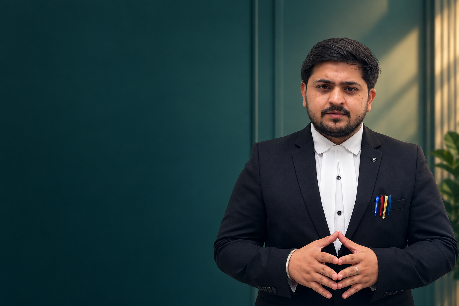 Sanchit Sharma in formal advocate attire against a teal background